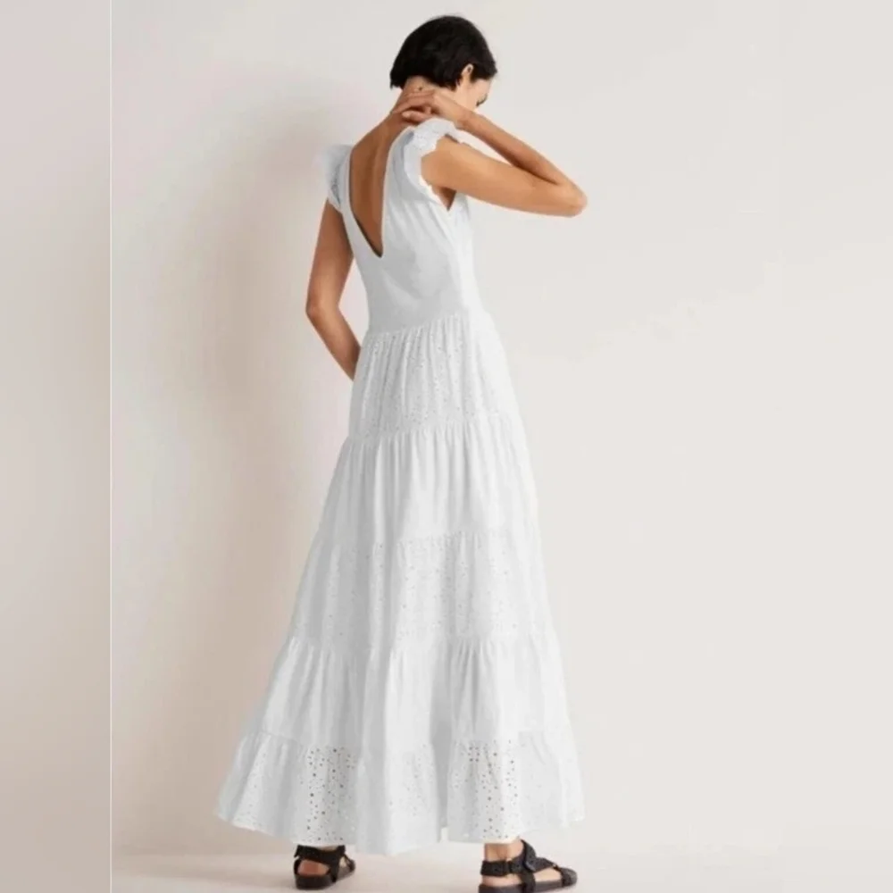 BODEN Broderie Mix Jersey Maxi Dress US 14 White Tiered Frill Sleeve V-Neck - Picture 5 of 14